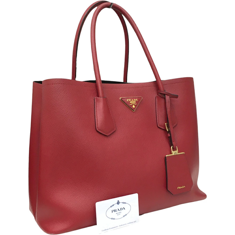 Prada Saffiano Cuir Bag Handbag FUOCO Rouge Red Calf Embossed Triangle Plate
